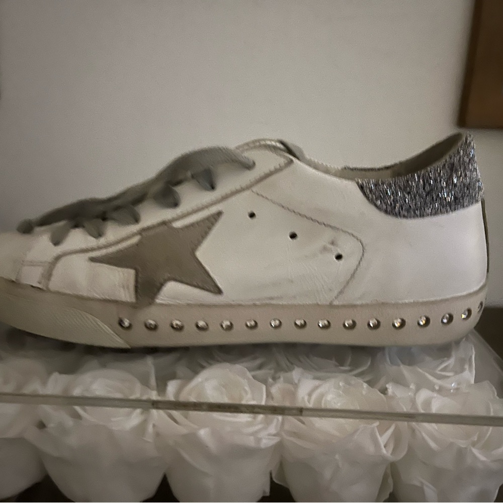 Golden goose white leather with rhinestones in the soles